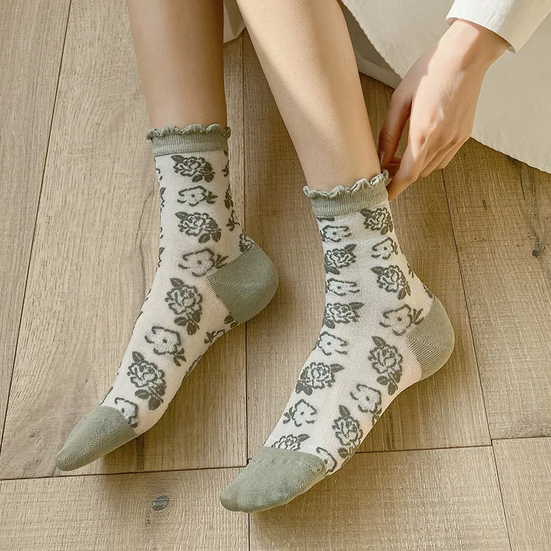 Летни памучни, тънки дишащи дамски Чорапи JK Lolita Kawaii, дантелени чорапи с волани, дамски ластични чорапи с рози, за прекрасни момичета Изображение 3