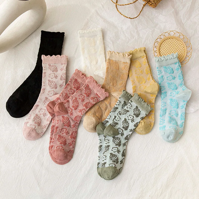 Летни памучни, тънки дишащи дамски Чорапи JK Lolita Kawaii, дантелени чорапи с волани, дамски ластични чорапи с рози, за прекрасни момичета Изображение 5