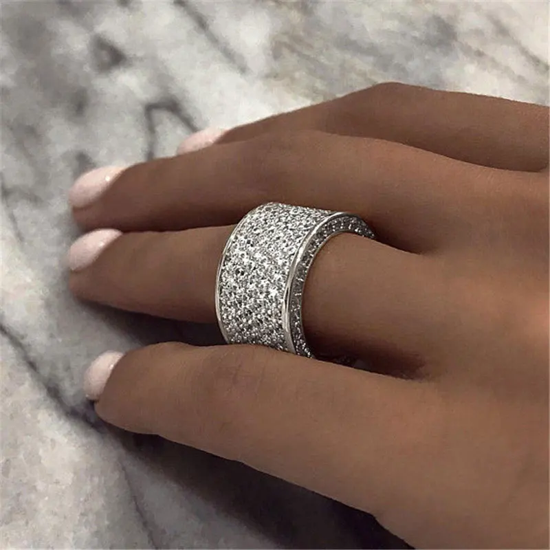 Луксозен пръстен с широка периферия и пълен цирконием, блестящи годежни пръстени с кубическим цирконием, женски накити за коктейльной партита, Подаръци Изображение 1