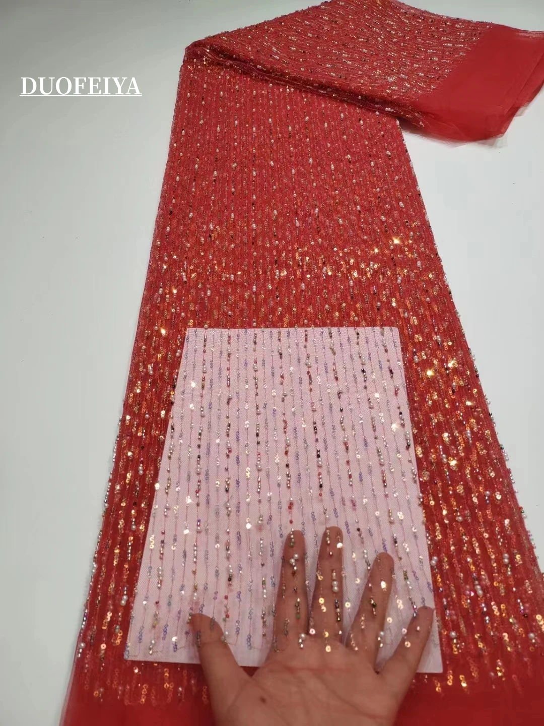 Луксозна Изискана Лейси плат с бродерия на мъниста 2023 Висококачествена френска окото с пайети, дантели за елегантни вечерни женски рокли F Изображение 3