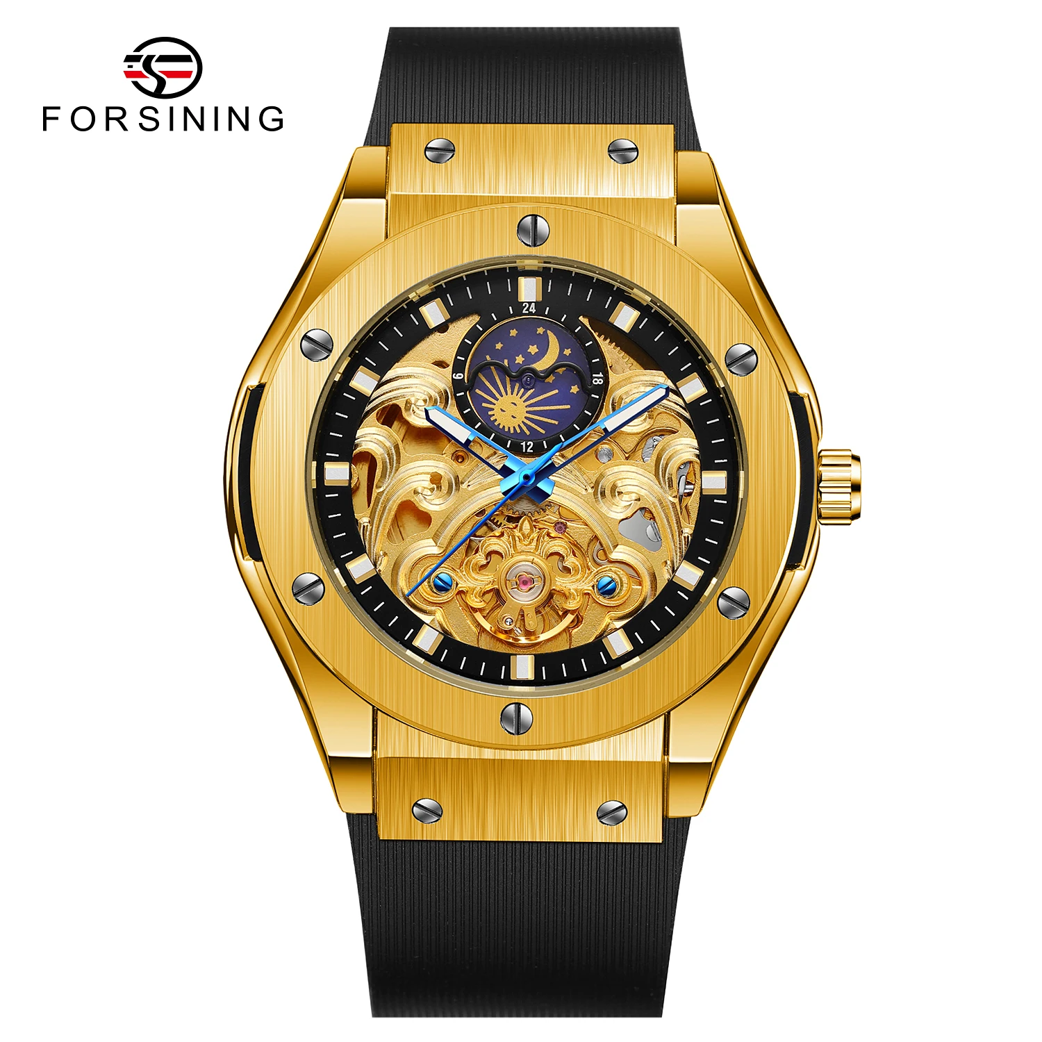 Луксозна марка, автоматични часовници с турбийоном в кралския стил, механичен мъжки часовник с виртуален скелет, каишка силикон, циферблат с лунен модел Изображение 0
