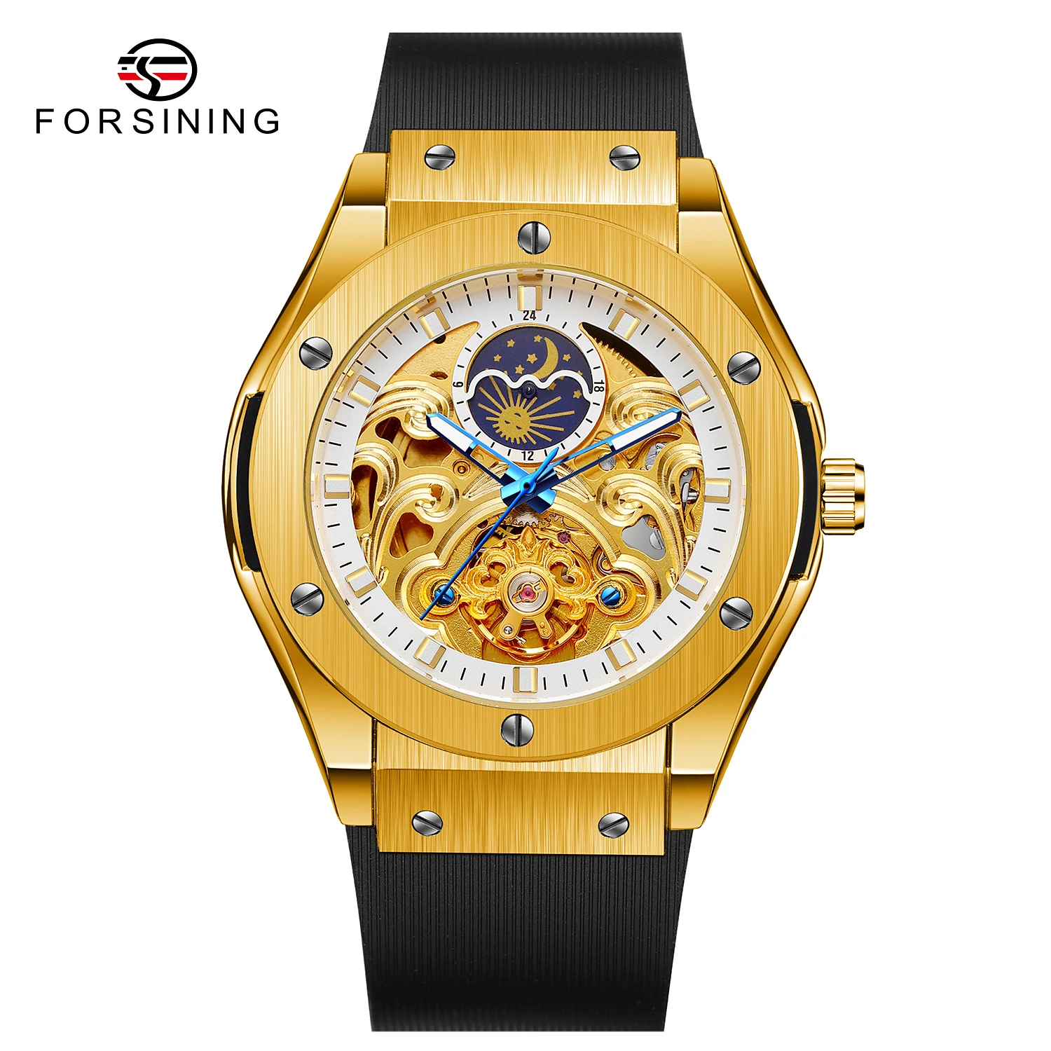 Луксозна марка, автоматични часовници с турбийоном в кралския стил, механичен мъжки часовник с виртуален скелет, каишка силикон, циферблат с лунен модел Изображение 1