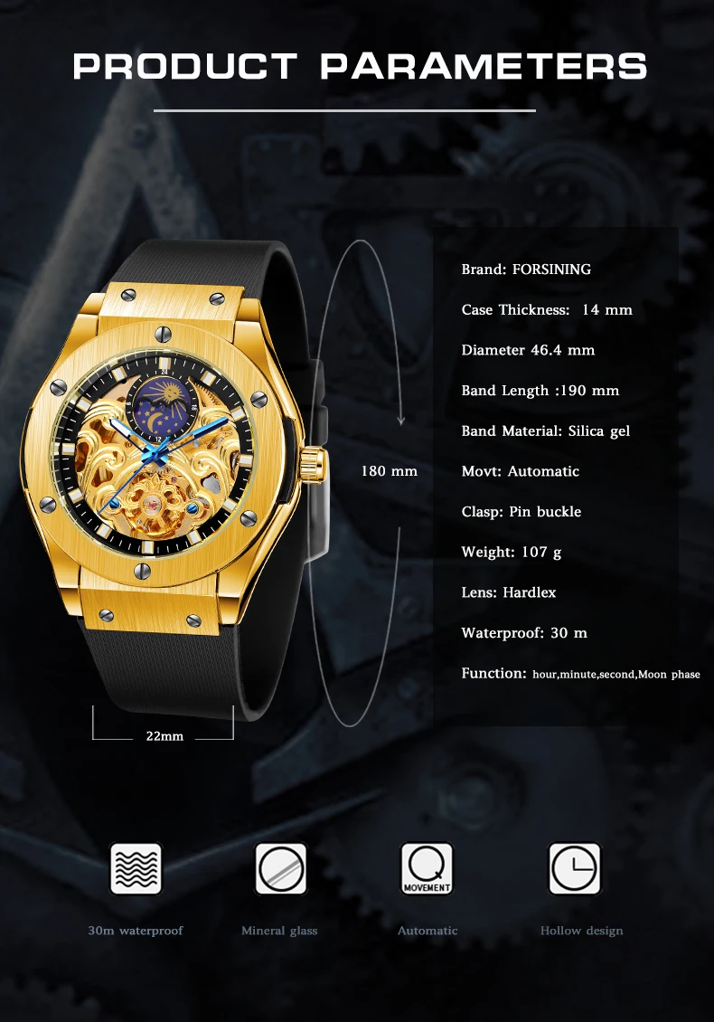 Луксозна марка, автоматични часовници с турбийоном в кралския стил, механичен мъжки часовник с виртуален скелет, каишка силикон, циферблат с лунен модел Изображение 2