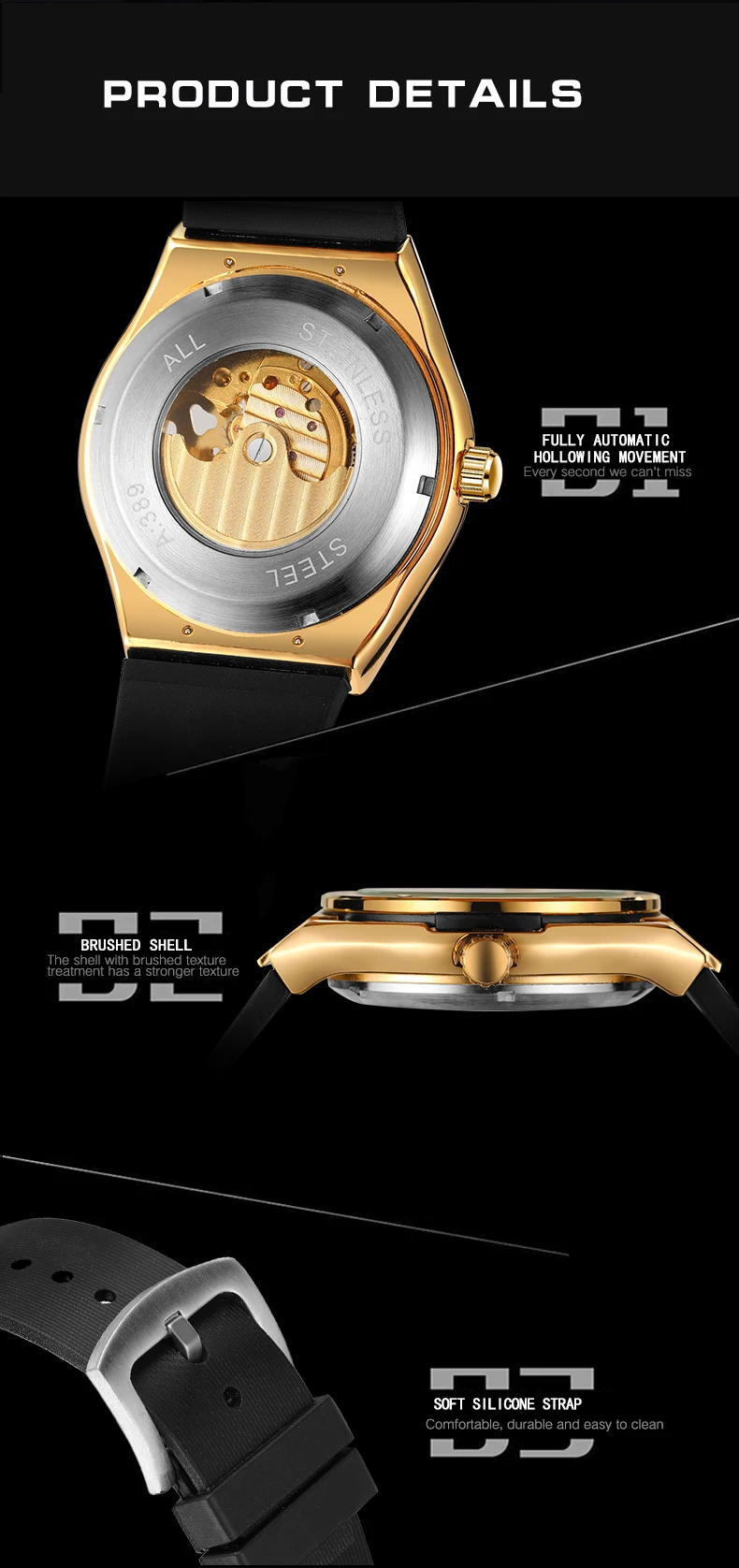 Луксозна марка, автоматични часовници с турбийоном в кралския стил, механичен мъжки часовник с виртуален скелет, каишка силикон, циферблат с лунен модел Изображение 3