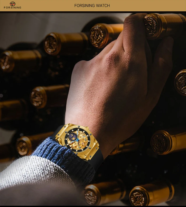 Луксозна марка, автоматични часовници с турбийоном в кралския стил, механичен мъжки часовник с виртуален скелет, каишка силикон, циферблат с лунен модел Изображение 4