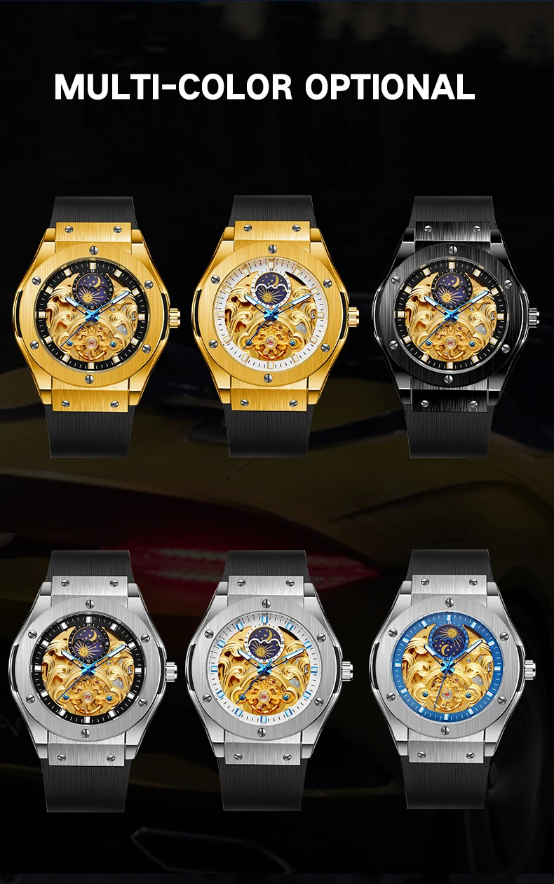 Луксозна марка, автоматични часовници с турбийоном в кралския стил, механичен мъжки часовник с виртуален скелет, каишка силикон, циферблат с лунен модел Изображение 5