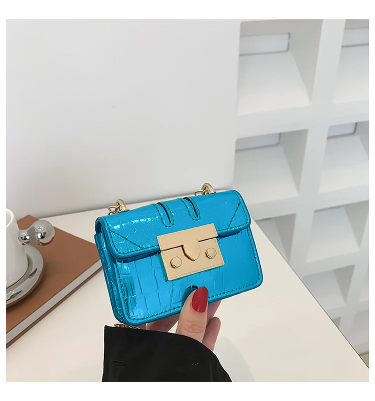Луксозна мини чанта от лачена кожа, дамски портфейл с капак, каменен модел слушалки / червило / Ключове, чанта на верига, чанти през рамо Изображение 0