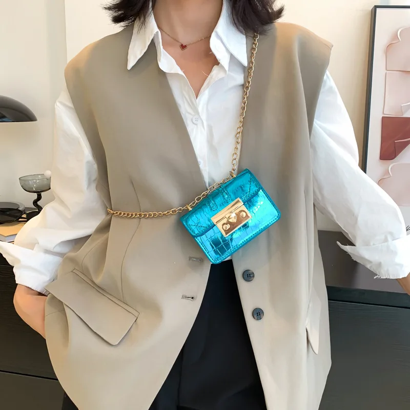 Луксозна мини чанта от лачена кожа, дамски портфейл с капак, каменен модел слушалки / червило / Ключове, чанта на верига, чанти през рамо Изображение 4