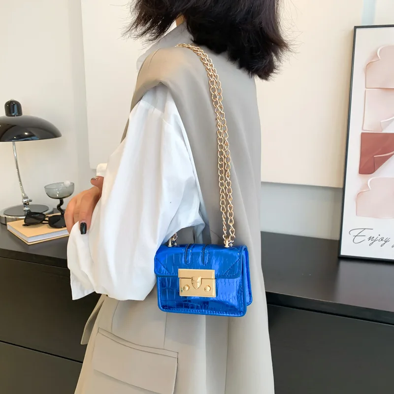 Луксозна мини чанта от лачена кожа, дамски портфейл с капак, каменен модел слушалки / червило / Ключове, чанта на верига, чанти през рамо Изображение 5