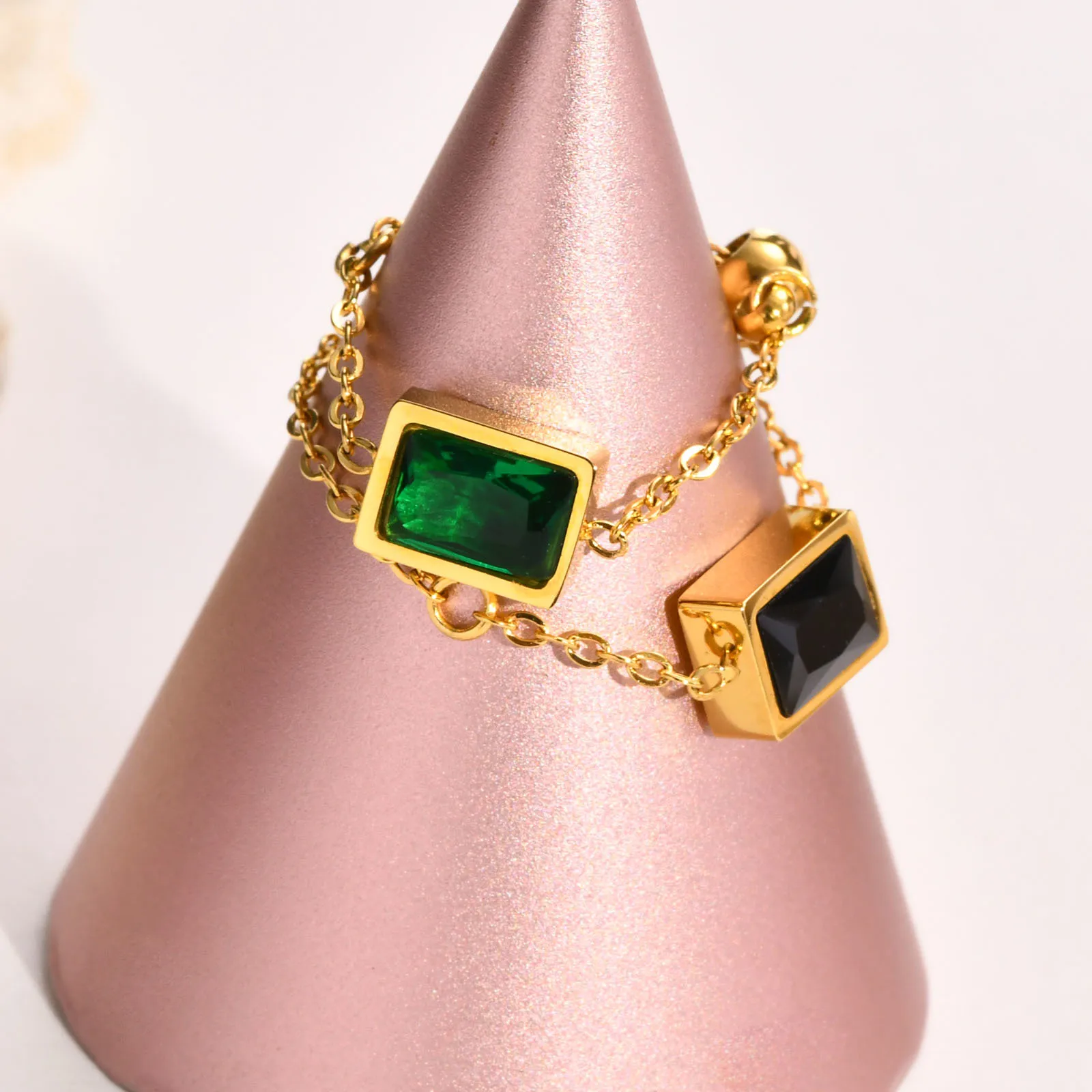 Луксозни дамски квадратен Пръстен със зелен камък, подарък за рожден ден, Бижута, верижка от неръждаема стомана златист цвят с мънистен-амулетами на щастието Изображение 3