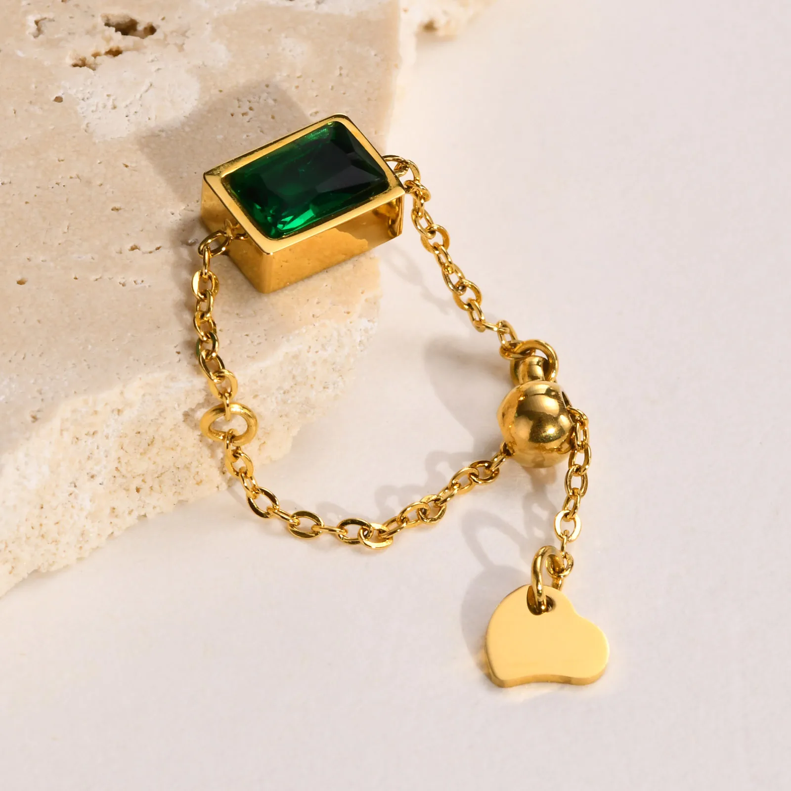 Луксозни дамски квадратен Пръстен със зелен камък, подарък за рожден ден, Бижута, верижка от неръждаема стомана златист цвят с мънистен-амулетами на щастието Изображение 4