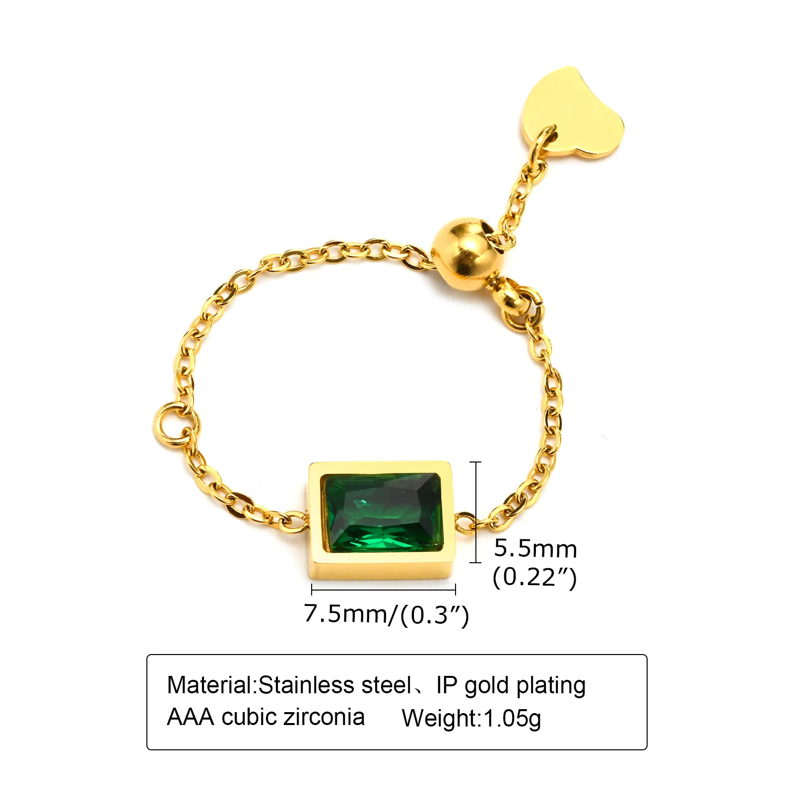 Луксозни дамски квадратен Пръстен със зелен камък, подарък за рожден ден, Бижута, верижка от неръждаема стомана златист цвят с мънистен-амулетами на щастието Изображение 5