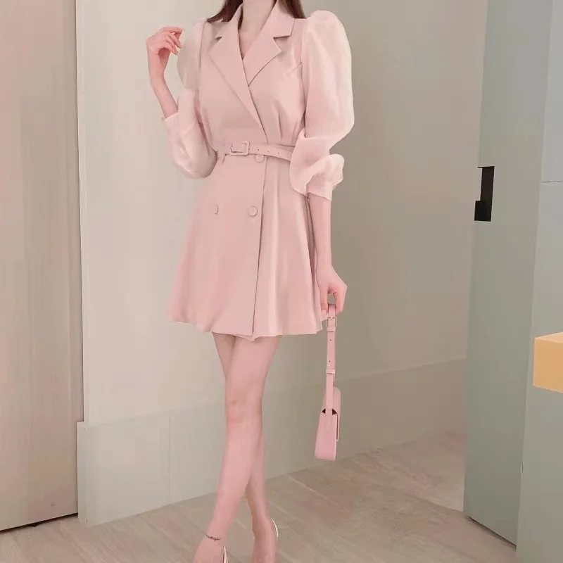 Луксозно ново пролетно-лятна розова рокля-сако, дамско двубортное сетчатое рокля в стил мозайка с пищни ръкави, офис женствена мини рокля с колан Изображение 2