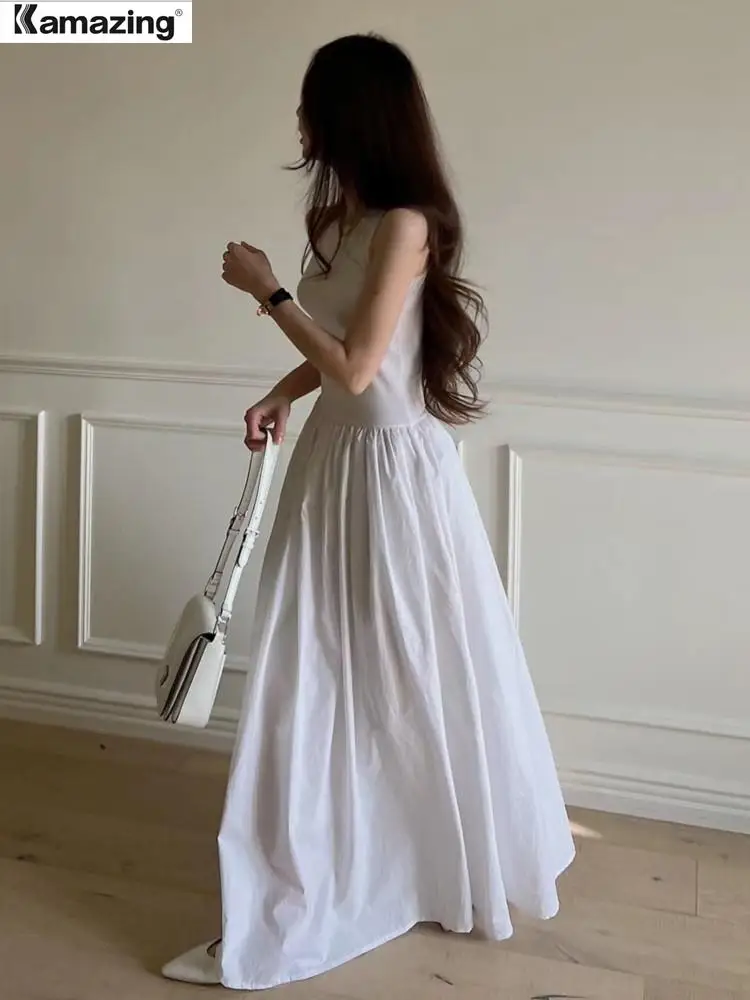 Лятно дамско бяла дълга рокля на бретелях без ръкави, с кръгло деколте, празничен тънък халат, корейското ежедневното офис женствена рокля за бала Изображение 1