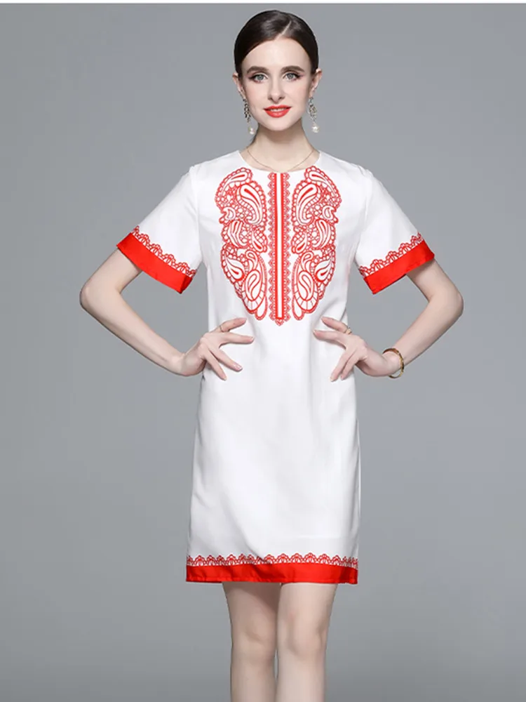 Лятното модно мини рокля в червено-бяло в контрастен цвят с принтом Пейсли, елегантна рокля с къс ръкав и кръгло деколте, пряко рокля с цип Изображение 1