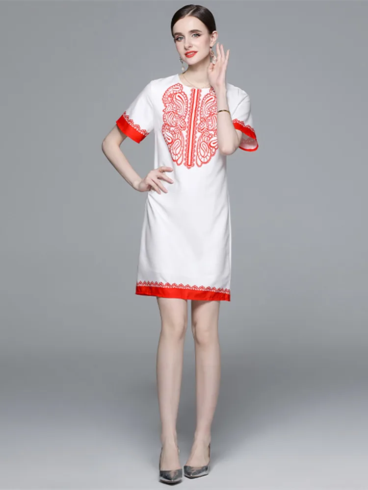 Лятното модно мини рокля в червено-бяло в контрастен цвят с принтом Пейсли, елегантна рокля с къс ръкав и кръгло деколте, пряко рокля с цип Изображение 2