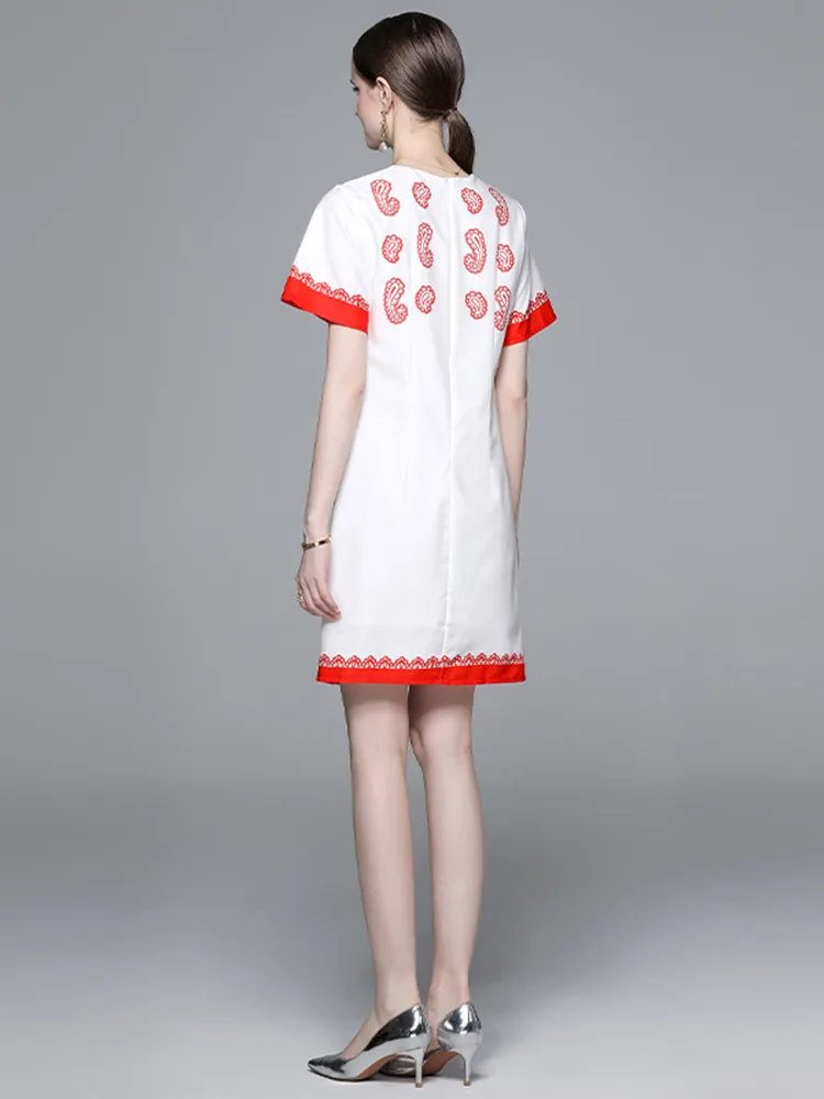 Лятното модно мини рокля в червено-бяло в контрастен цвят с принтом Пейсли, елегантна рокля с къс ръкав и кръгло деколте, пряко рокля с цип Изображение 4