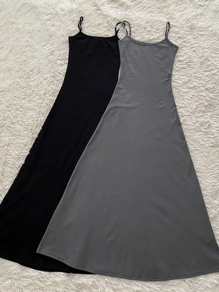 Лятото черна Рокля, секси рокля на бретелях, без ръкави, сексуална корейската мода, Сиво лифтинг, просто темпераментное рокля с дълга пола Изображение 5