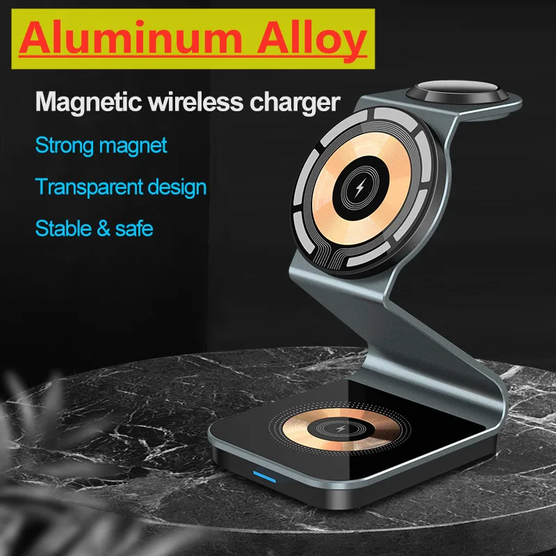 Магнитна Поставка за Безжично Зарядно устройство 3 в 1 за iPhone 14 13 12 Pro Mini Max 15 W, Безжична зарядно устройство за Apple Watch AirPods Изображение 0