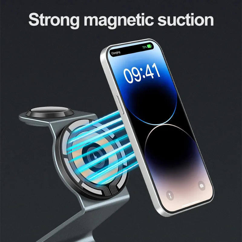 Магнитна Поставка за Безжично Зарядно устройство 3 в 1 за iPhone 14 13 12 Pro Mini Max 15 W, Безжична зарядно устройство за Apple Watch AirPods Изображение 1