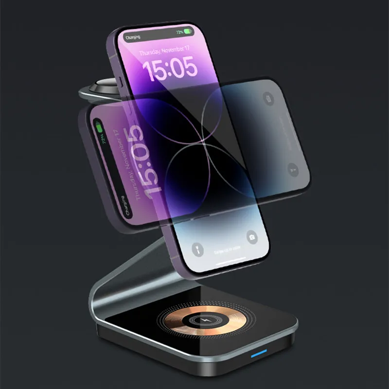 Магнитна Поставка за Безжично Зарядно устройство 3 в 1 за iPhone 14 13 12 Pro Mini Max 15 W, Безжична зарядно устройство за Apple Watch AirPods Изображение 3