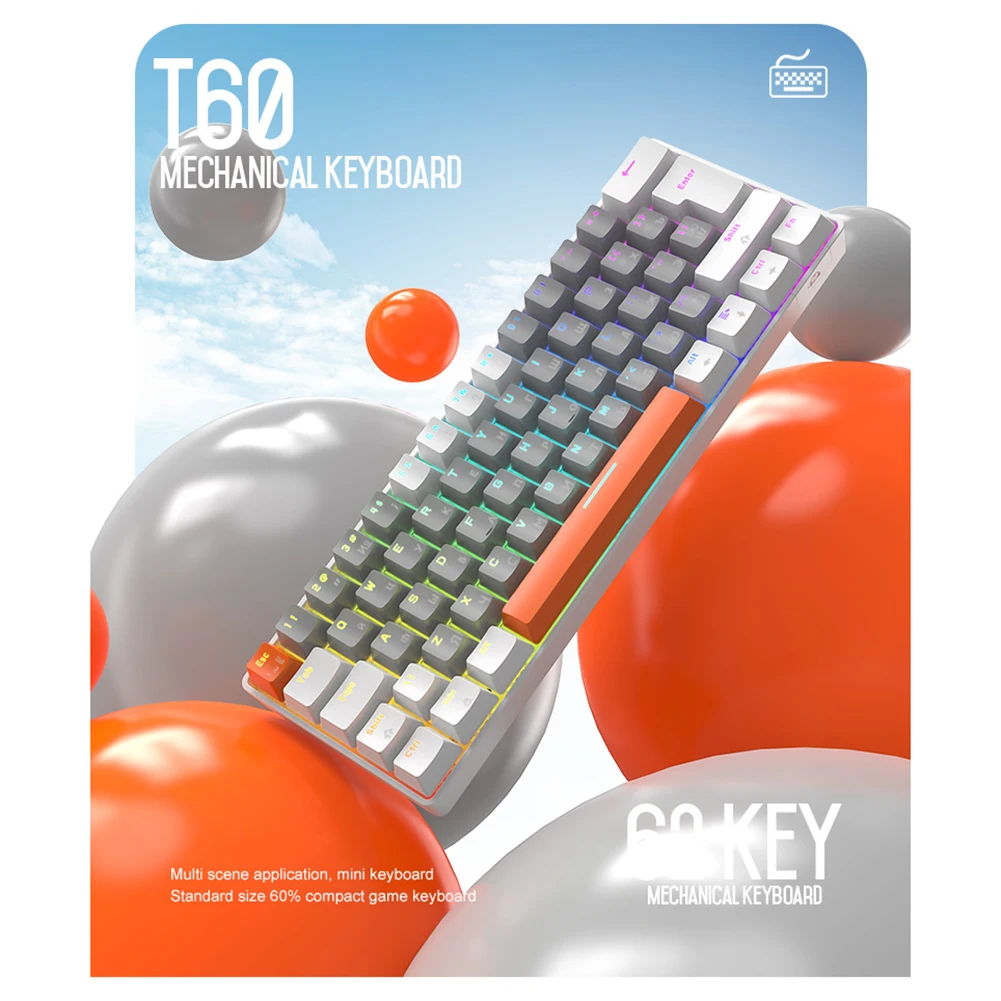 Механична клавиатура T60, червено/синия ключ, 62 клавишите, детска жични клавиатура, USB Mini, жичен осветление, Преносим Портативен гейминг лаптоп Изображение 2