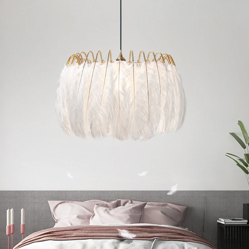 Модерен окачен лампа от пера, полилей от пера, трапезария, хол, спалня, декорация на дома, в скандинавски стил, подвесное осветление Изображение 0