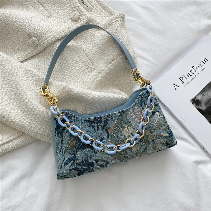 Модерна дамска чанта през рамо, луксозни дизайнерски чанти с принтом на маслената живопис, ежедневни дамски дебела малка чанта в стила на Chian, чанта-тоут Изображение 0