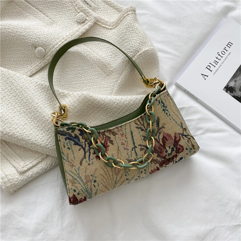 Модерна дамска чанта през рамо, луксозни дизайнерски чанти с принтом на маслената живопис, ежедневни дамски дебела малка чанта в стила на Chian, чанта-тоут Изображение 1