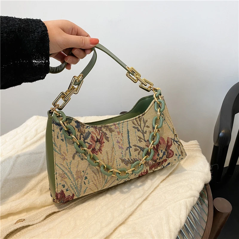 Модерна дамска чанта през рамо, луксозни дизайнерски чанти с принтом на маслената живопис, ежедневни дамски дебела малка чанта в стила на Chian, чанта-тоут Изображение 2
