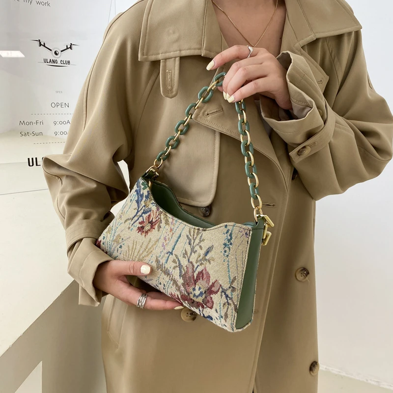 Модерна дамска чанта през рамо, луксозни дизайнерски чанти с принтом на маслената живопис, ежедневни дамски дебела малка чанта в стила на Chian, чанта-тоут Изображение 3