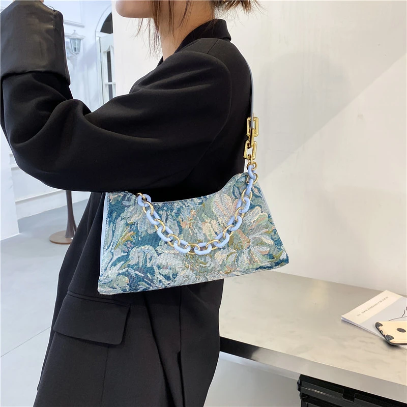 Модерна дамска чанта през рамо, луксозни дизайнерски чанти с принтом на маслената живопис, ежедневни дамски дебела малка чанта в стила на Chian, чанта-тоут Изображение 4