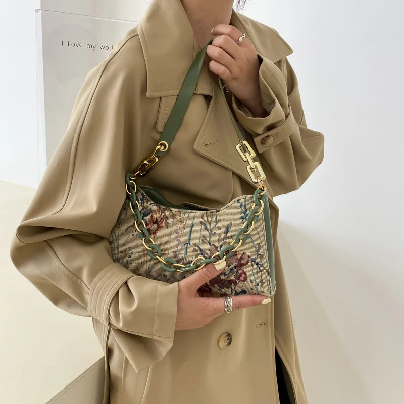 Модерна дамска чанта през рамо, луксозни дизайнерски чанти с принтом на маслената живопис, ежедневни дамски дебела малка чанта в стила на Chian, чанта-тоут Изображение 5