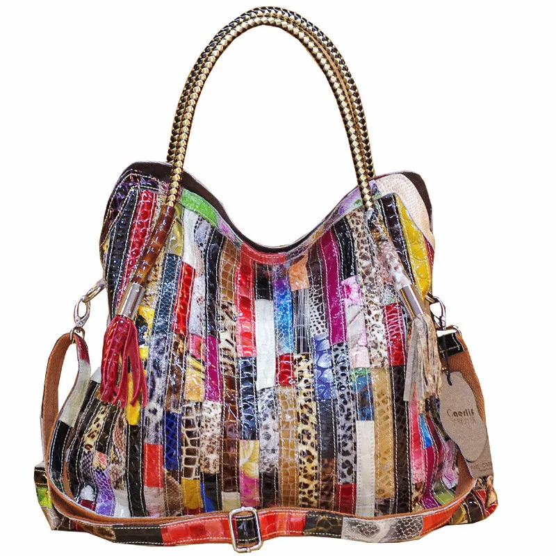 Модерна чанта от естествена кожа с пискюли, чанти на рамо, цепене, пъстра змия принт, голяма дамска чанта-тоут, дамски чанти-месинджър 2023 Изображение 4