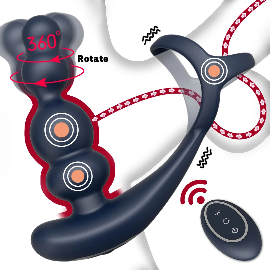 Мъжки масажор на простатата вибратор с въртяща се на 360 ° анален задръствания Пръстен за пенис анален накрайник вибратор с безжично управление, секс-играчка за мъже мастурбатор Изображение 0