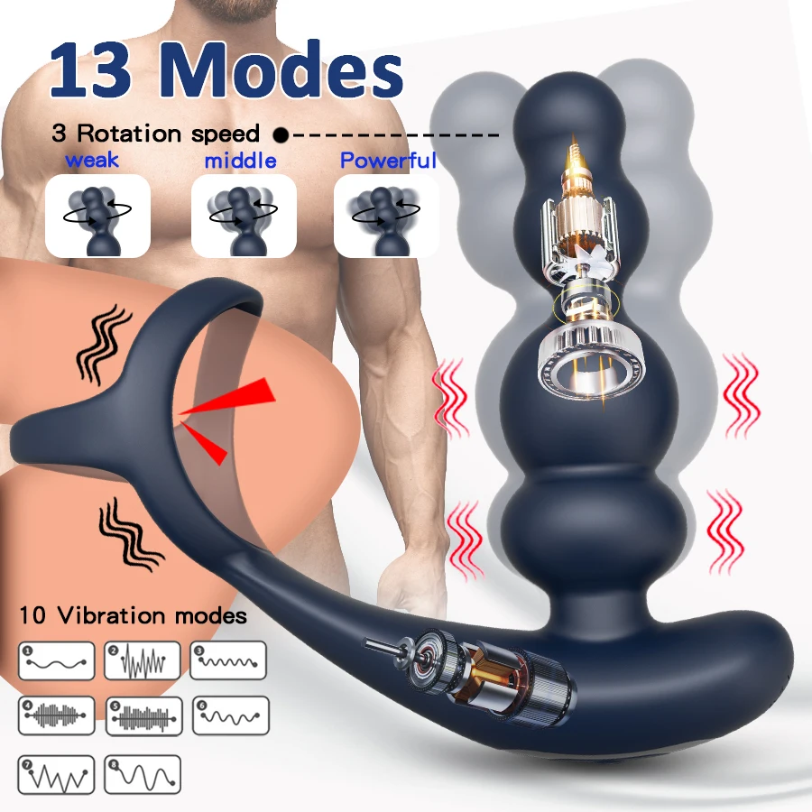 Мъжки масажор на простатата вибратор с въртяща се на 360 ° анален задръствания Пръстен за пенис анален накрайник вибратор с безжично управление, секс-играчка за мъже мастурбатор Изображение 1