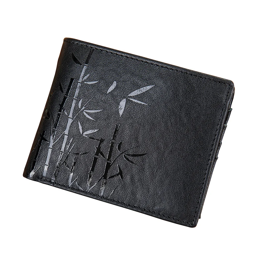 Мъжки портфейл на веригата с къс държач за карти от естествена кожа, брендовый мъжки портфейл с джоб за монети, мъжки кожени портфейли с релефни бамбуковым Изображение 0
