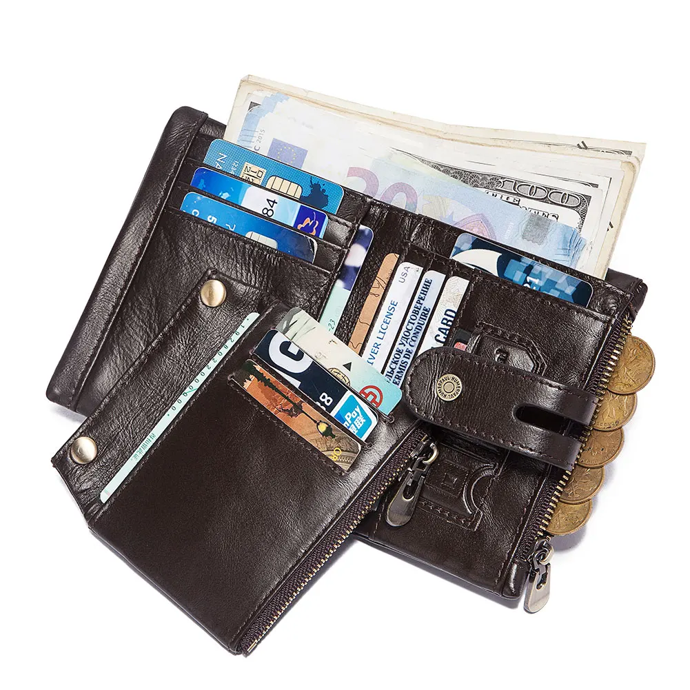 Мъжки портфейл от 100% естествена кожа с джоб за монети, висококачествен държач за кредитни карти с RFID заключване, Малък луксозен мъжки портфейл за пари Изображение 1