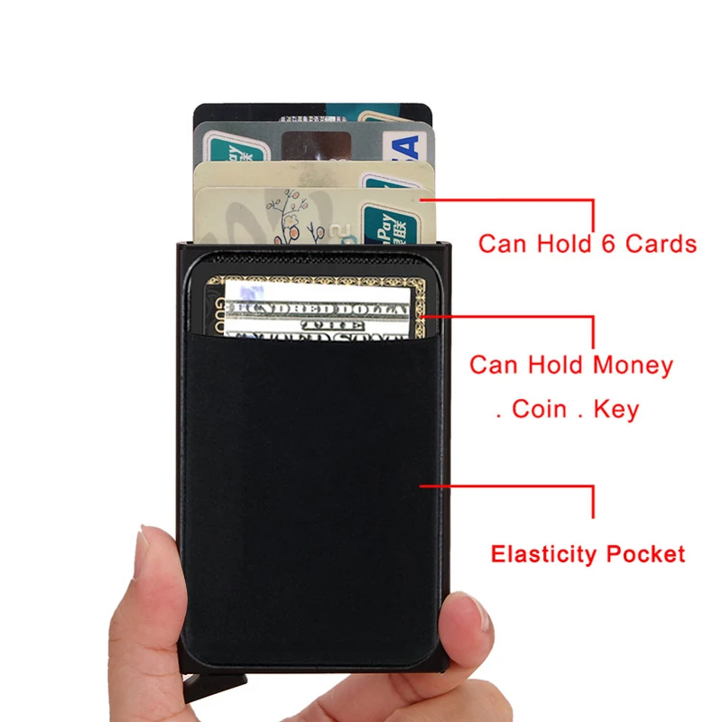 Мъжки тънки алуминиеви портфейли унисекс с еластична задната чанта, стойка за кредитни карти, мини-RFID-портфейл, автоматичен калъф за регистрирани банкови карти Изображение 2