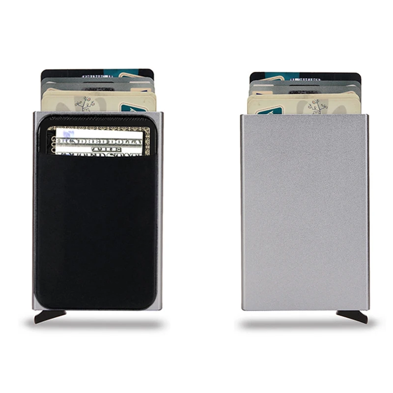 Мъжки тънки алуминиеви портфейли унисекс с еластична задната чанта, стойка за кредитни карти, мини-RFID-портфейл, автоматичен калъф за регистрирани банкови карти Изображение 4