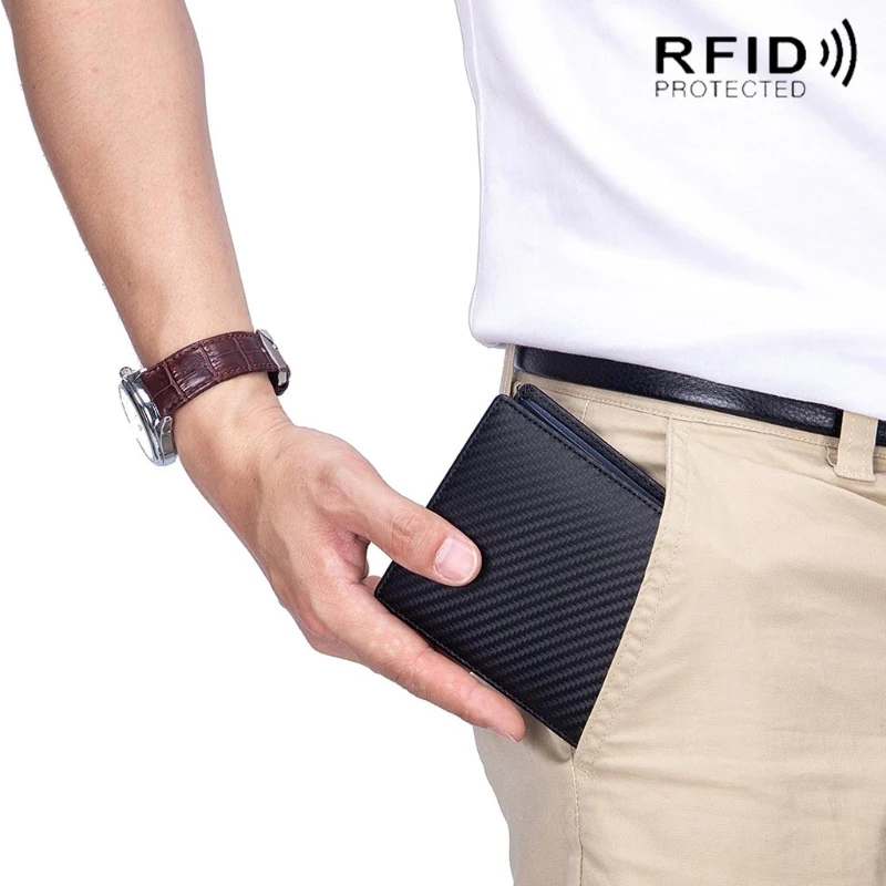 Мъжки тънък минималистичен портфейла с прозорец за лична карта, карта за кейса, притежател на пари в брой, банкноти, RFID заключване Изображение 1