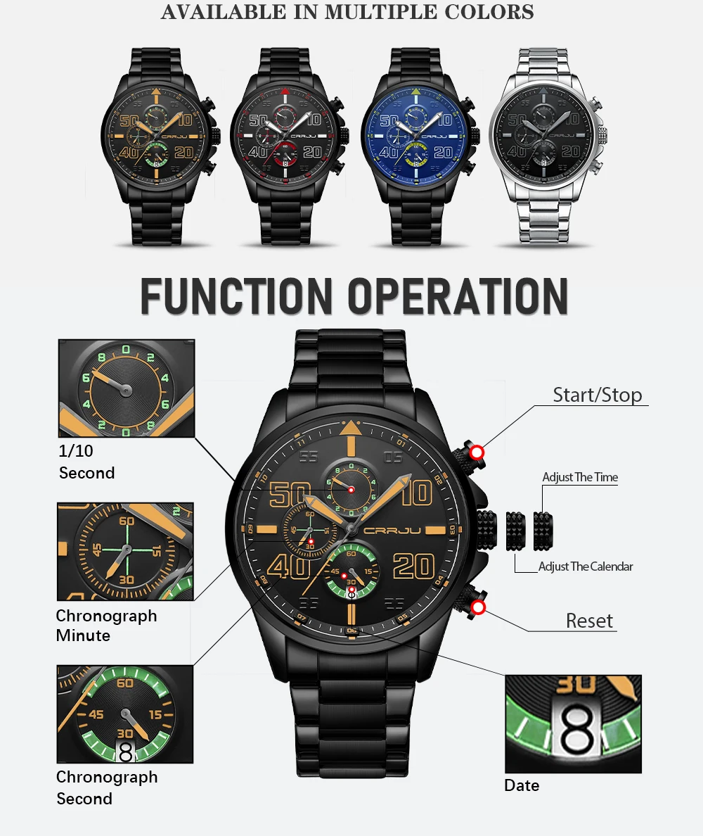 Мъжки часовник CRRJU от неръждаема стомана, креативен модерен кварцов механизъм циферблат с хронограф, часовници с автоматично датата, мъжки ежедневни часовници Изображение 1