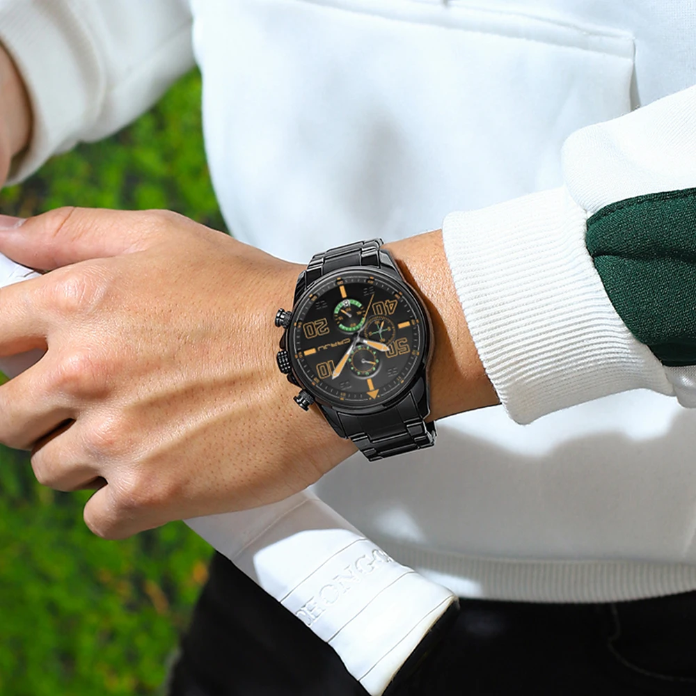 Мъжки часовник CRRJU от неръждаема стомана, креативен модерен кварцов механизъм циферблат с хронограф, часовници с автоматично датата, мъжки ежедневни часовници Изображение 2