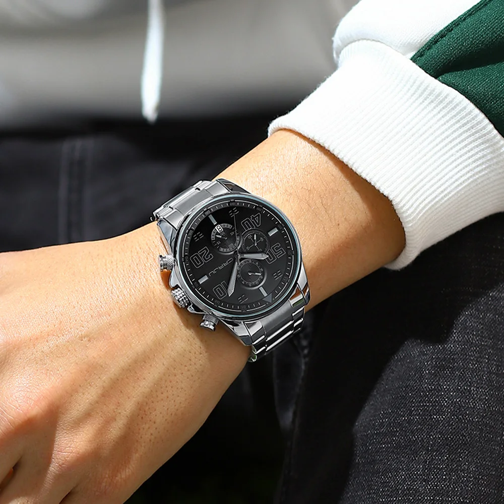 Мъжки часовник CRRJU от неръждаема стомана, креативен модерен кварцов механизъм циферблат с хронограф, часовници с автоматично датата, мъжки ежедневни часовници Изображение 4