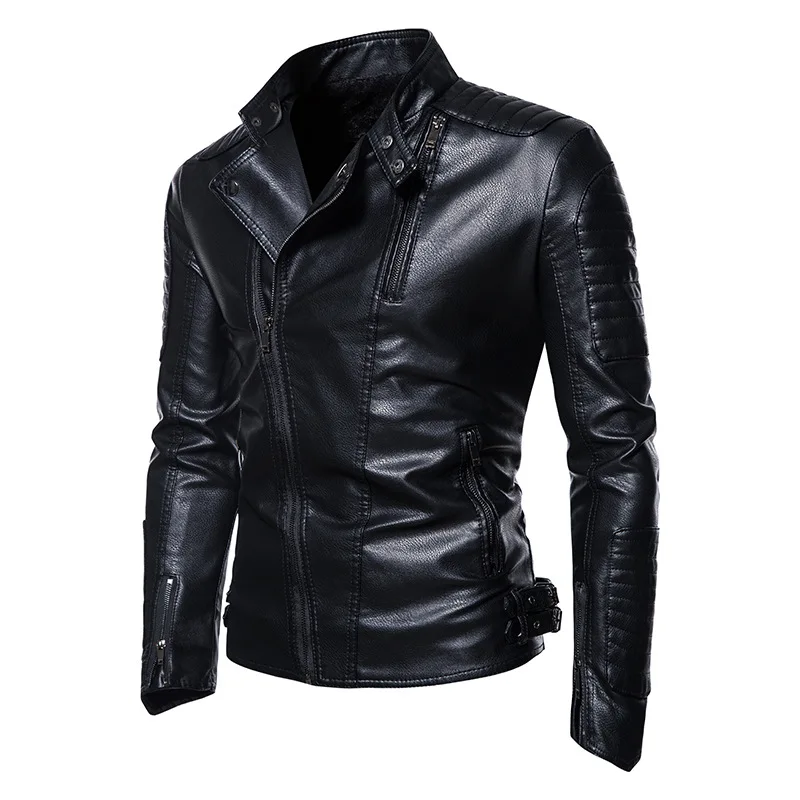 Мъжко черно палто от изкуствена кожа, мъжки ветровка с висока яка и дълги ръкави в стил пънк, мотоциклетът яке от изкуствена кожа за момчета, размер оверсайз 3xl Изображение 1