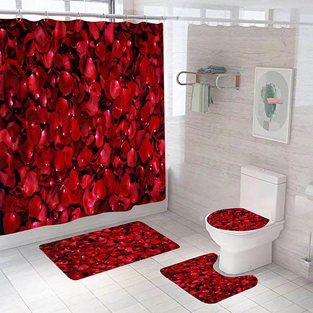 Набор от завеса за душ с петна от червени рози и постелки Водоустойчив Екран за къпане устойчива на плъзгане капак на тоалетната чиния, постелки за баня декор Изображение 0