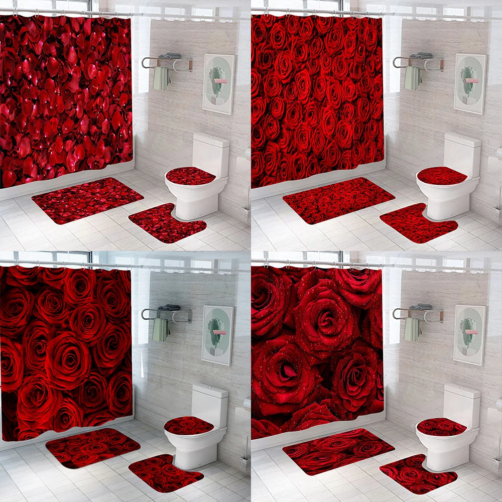Набор от завеса за душ с петна от червени рози и постелки Водоустойчив Екран за къпане устойчива на плъзгане капак на тоалетната чиния, постелки за баня декор Изображение 1