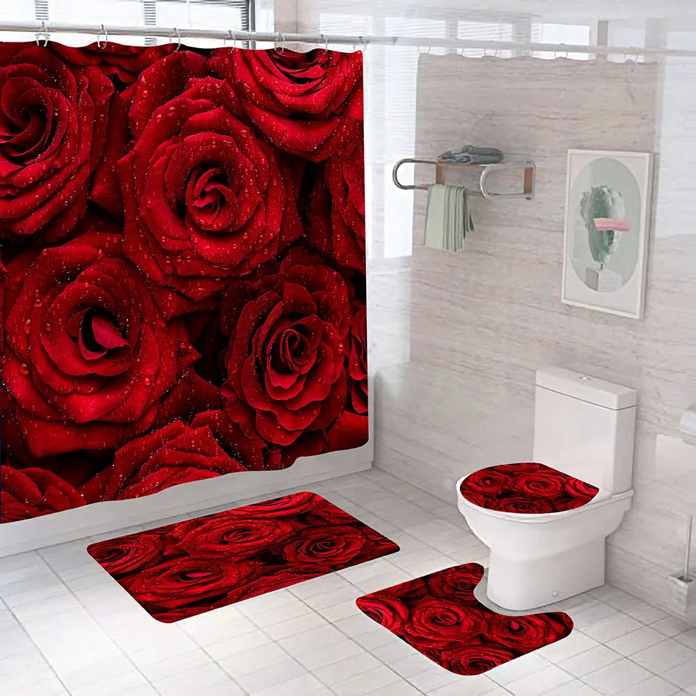 Набор от завеса за душ с петна от червени рози и постелки Водоустойчив Екран за къпане устойчива на плъзгане капак на тоалетната чиния, постелки за баня декор Изображение 2