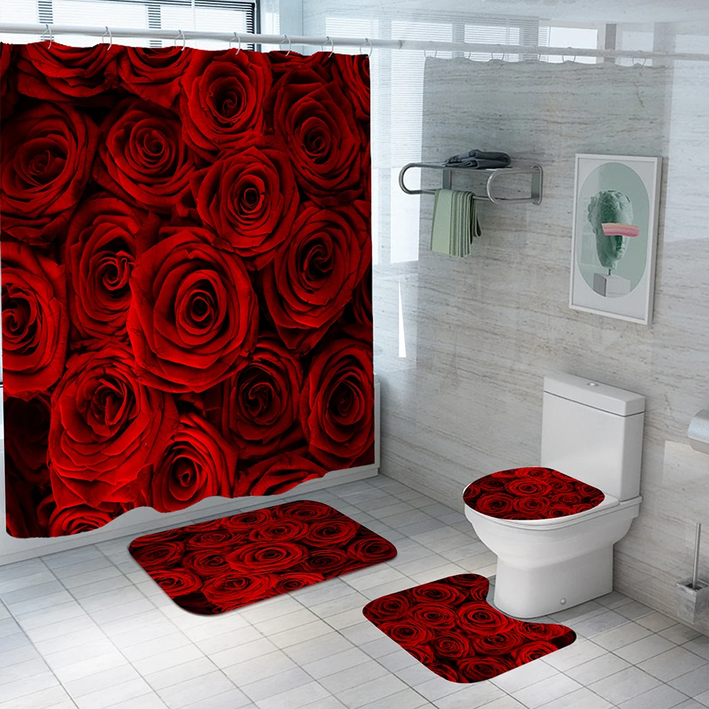 Набор от завеса за душ с петна от червени рози и постелки Водоустойчив Екран за къпане устойчива на плъзгане капак на тоалетната чиния, постелки за баня декор Изображение 3