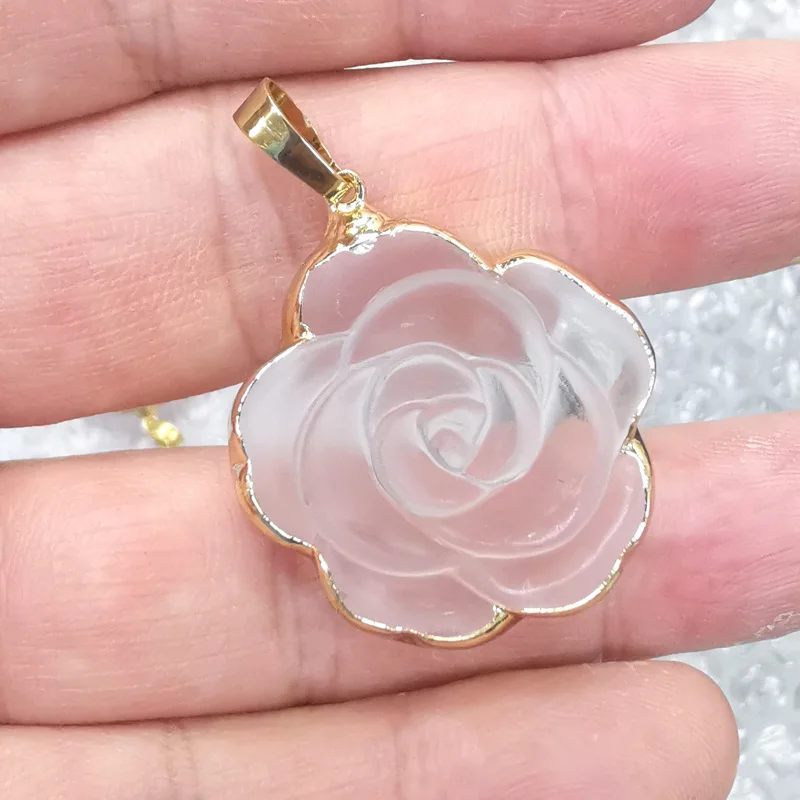 Нов 35X35 мм розов прозрачен Кристал, ръчно резба, Роза, романтична златен медальон в рубчик, 1 бр. Изображение 2